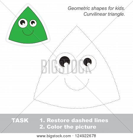 Funny curvilinear triangle in vector to be traced. Restore dashed line and color the picture. Trace game for children.