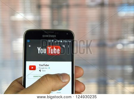 MONTREAL CANADA - APRIL 7 2016 - Youtube application on Samsung S5's screen. YouTube is a video-sharing website and service.