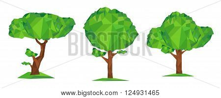 Conceptual vector illustration low poly style. Set of geometric polygon green tree isolated on white background. Stylized design element