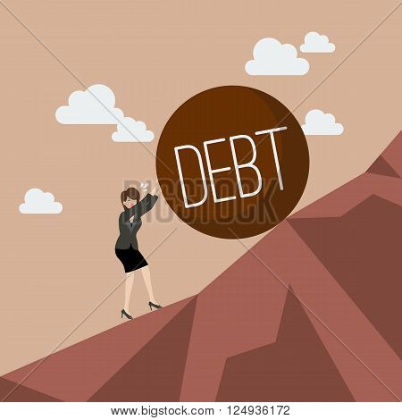 Business woman pushing heavy debt uphill. Business concept