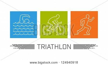 Vector set of silhouettes of athlete. Outline figure triathlete. Stylish logo for triathlon on white background. Modern vector symbol for triathlon.