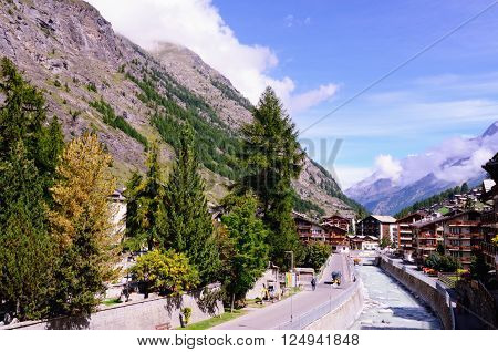 Mountain Resort Town of Zermatt (Canton of Valais, Southern Switzerland) on the Banks of Vispa River
