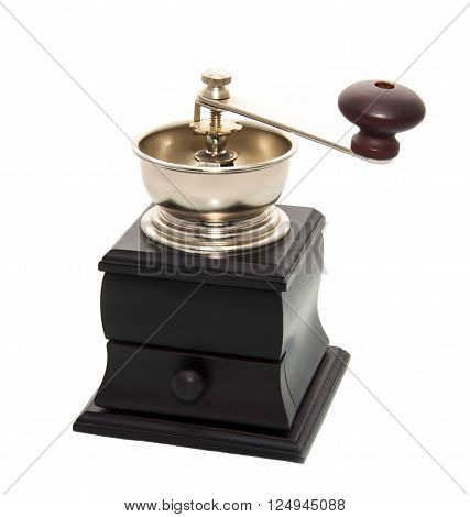 Manual coffee grinder for grinding coffee beans on white background