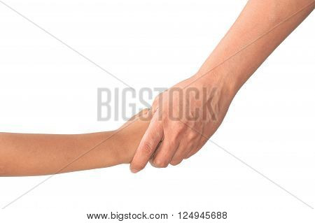 Closeup of mother holding her children hand.