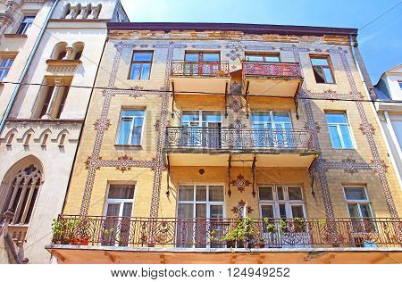 LVIV, UKRAINE - JUNE 30, 2014: Majolica House with its beautiful ornamentation on Les Kurbas Street in Lviv, Ukraine
