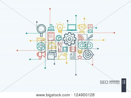 SEO integrated thin line symbols. Modern linear style vector concept, with connected flat design icons. Abstract background illustration for digital network, analytics, social media and market concept