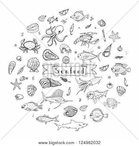 Hand drawn doodle Seafood icons set Vector illustration seafood symbols collection Cartoon fish Crab Seafood platter Lobster Oyster Shrimp Shellfish Shrimp Background for your menu or design