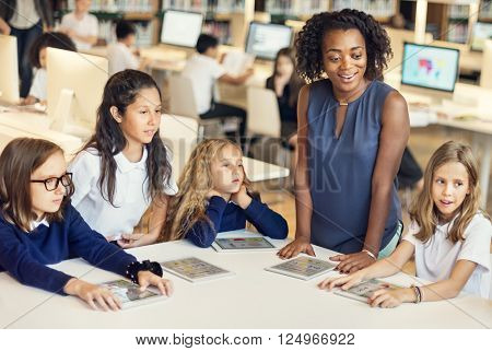 Education School Teacher Student Digital Tablet Technology Concept