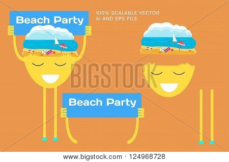 Team of people holding sign beach party. Flat stylish vector illustration