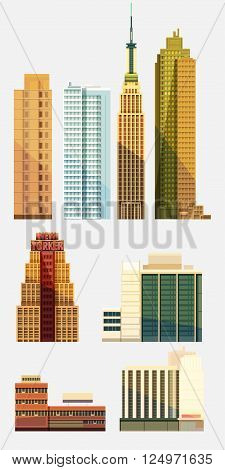 Set of buildings in the style of small business flat design.