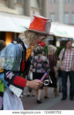 MOSCOW REGION RUSSIA - JULY 11 2009: Sad clown on the Arbat street in Moscow