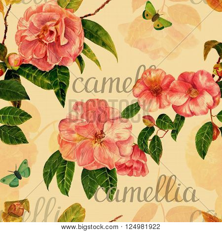 A seamless background texture with vintage style watercolor camellias butterflies and the word 'camellia' in calligraphy; hand painted and sepia-toned