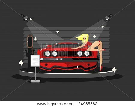 Motor show with pretty girl. Show car with beautiful lady, automobile model vector illustration