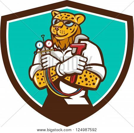 Illustration of a heating specialist refrigeration and air conditioning mechanic holding a pressure temperature gauge front view set inside crest shield on isolated on white background.