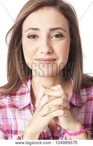 attractive young woman posing in white background