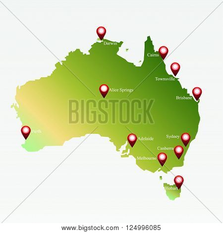 Australia map with markers on the map of big cities