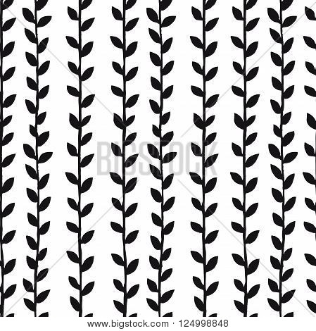 Seamless decorative black and white pattern with artistic hand drawn ink elments. Branches with leaves