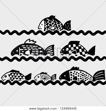 Hand drawn vector fishes in black and white doodle style.
