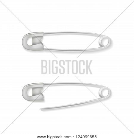 Set of metal safety pin isolated on white background, illustration.