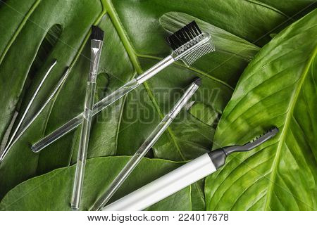 Tools for eyebrow dyeing and correction on green leaves