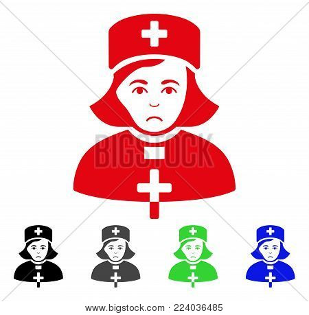 Unhappy Church Female Doctor vector icon. Vector illustration style is a flat iconic church female doctor symbol with gray, black, blue, red, green color variants. Face has dolour expression.