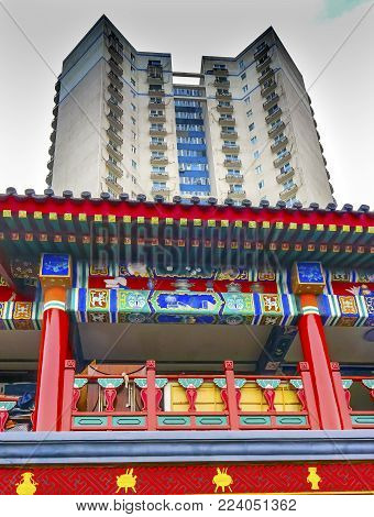 BEIJING, CHINA - NOVEMBER 13, 2017 Colorful Designs Old Buildings Arches Panjuan Flea Market  Beijing China. Panjuan Flea Curio market has many fakes, replicas and copies of older Chinese products, many ancient.