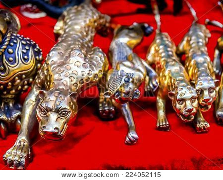 Chinese Replica Bronze Tigers Panjuan Flea Market  Decorations Beijing China.  Panjuan Flea Curio market has many fakes, replicas and copies of older Chinese products, many ancient.