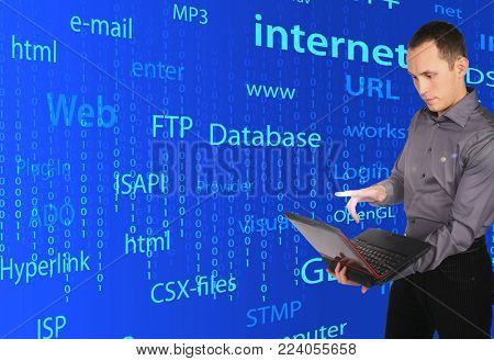 Collage with young man with laptop in hand on an abstract background of words and numbers