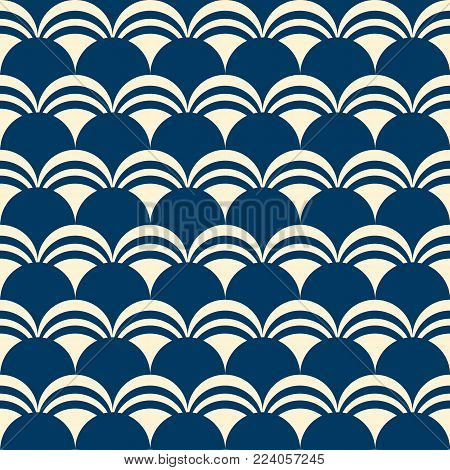 Dichromatic seamless pattern with repeating chains of blue and white semicircles flat vector illustration