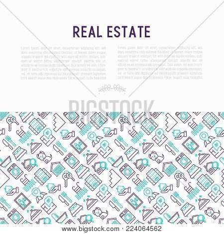 Rea estate concept with thin line icons: apartment house, bedroom, keys, elevator, swimming pool, bathroom, facilities. Modern vector illustration for web page, print media.