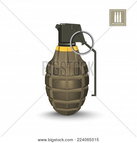 Detailed realistic image of hand grenade. Army explosive. 3d weapon icon. Military isolated object. Vector illustration