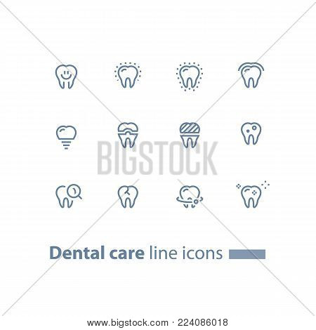 Dental care, prevention check up, stomatology services, smiling tooth, implant and crown, vector line icon set, linear design