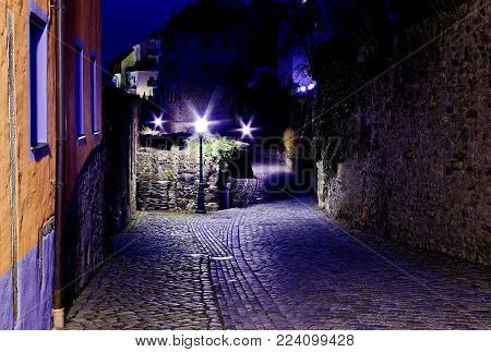 Illuminated fortress at night in Bautzen in the federal state of Saxony in Germany