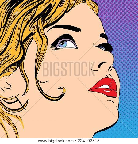 Pretty blonde women smiling. A young woman. Cute woman thinking about something. Cute pin-up girl. Woman portrait. Feelings. Concept idea of advertisement and promo. Halftone background