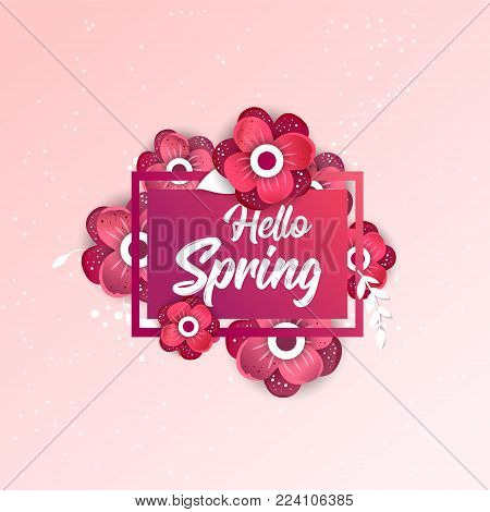 Hello spring Concept Banner with flowers  on white  background. Vector