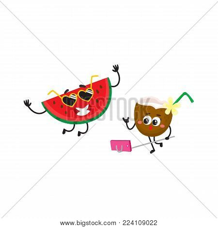 Vector cartoon summer fruit characters in sun glasses icon set. Watermelon dancing, coconut cocktail making selfie by stick having fun smiling. Isolated illustration, white background