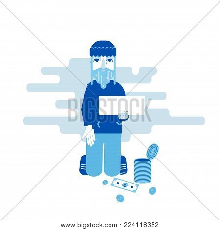 Homeless bearded man in dirty old clothes with blank tablet in hand begging for money. Stock vector illustration in flat cartoon style.