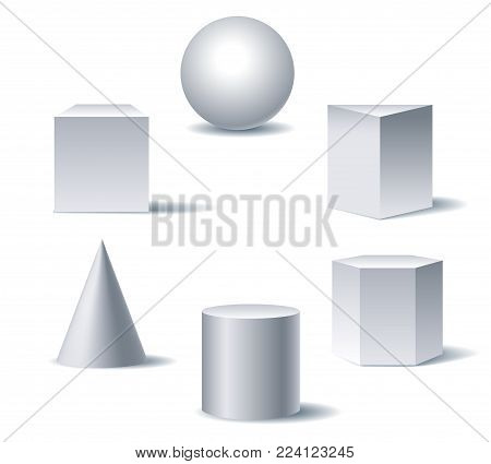 Geometric 3d figures. White basic shapes of geometry on white background with shadows vector illustration