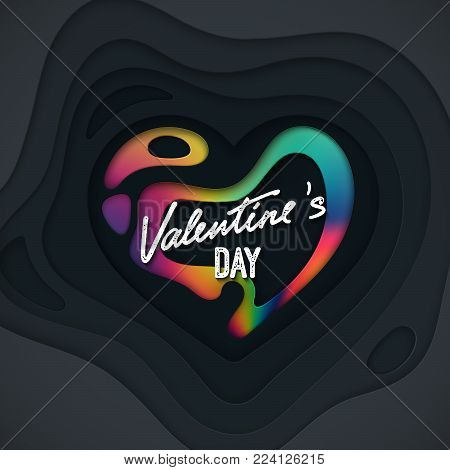 Valentines Day cover design. Black paper cut heart shape textured with liquid rainbow paint layer. 3d paper relief. Vector holiday illustration. LGBT concept