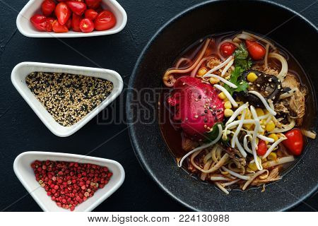Traditional spices for cooking ramen. Asian cuisine. Condiments to enhance flavour