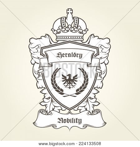 Coat of arms template with heraldic eagle, shield, crown and banner