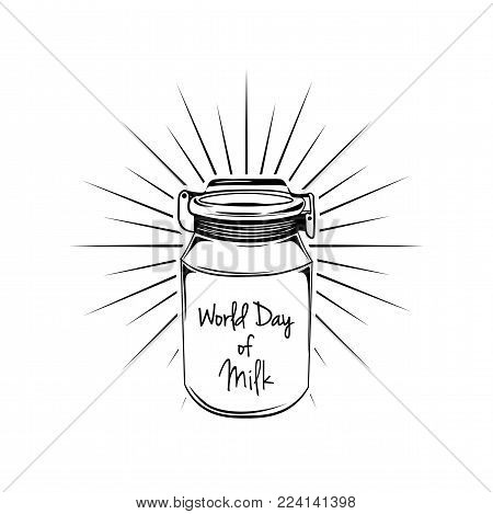 Milk can with beams. World day of milk. Vector illustration on white background.