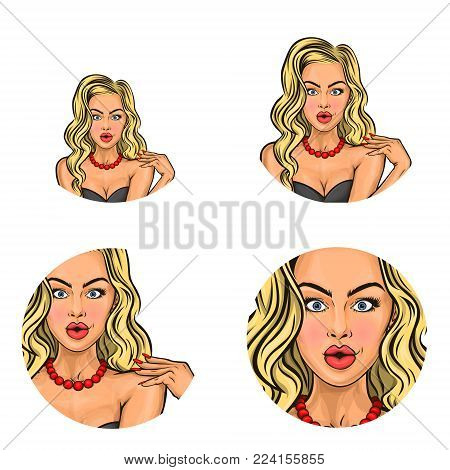 Vector pop art avatars for social network chat user profile or blog account picture icon templates. Young woman amazed or glamor blonde girl with rounded lips surprised expression. Retro sketch set