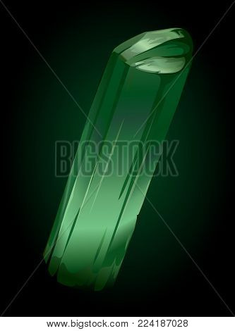 Vector shiny beautiful green crystal verdelit on dark background
