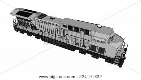 Modern diesel railway locomotive with great power and strength for moving long and heavy railroad train. Vector illustration with outline stroke lines
