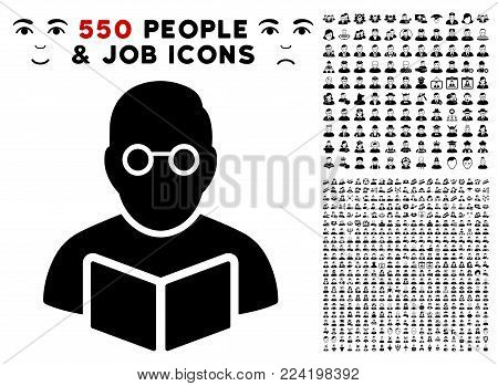 Teacher icon with 550 bonus pity and happy men pictures. Vector illustration style is flat black iconic symbols.