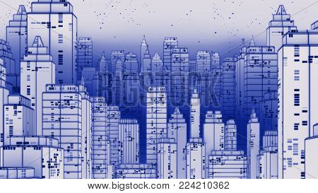 Retro Futuristic Skyscraper City Wireframe Photocopy Style 3D Illustration.