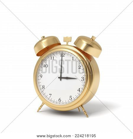 3d rendering of a retro alarm clock covered in gold standing on a white background. Time is money. Precious money. Best moment for investment.