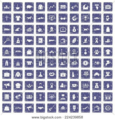 100 charity icons set in grunge style sapphire color isolated on white background vector illustration
