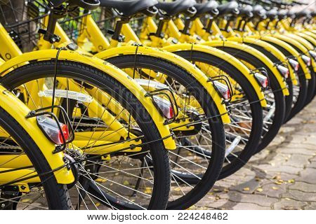 Phuket, Thailand - January 13, 2018 : The Yellow Bicycles Parking In The Park For The Smart City Pro